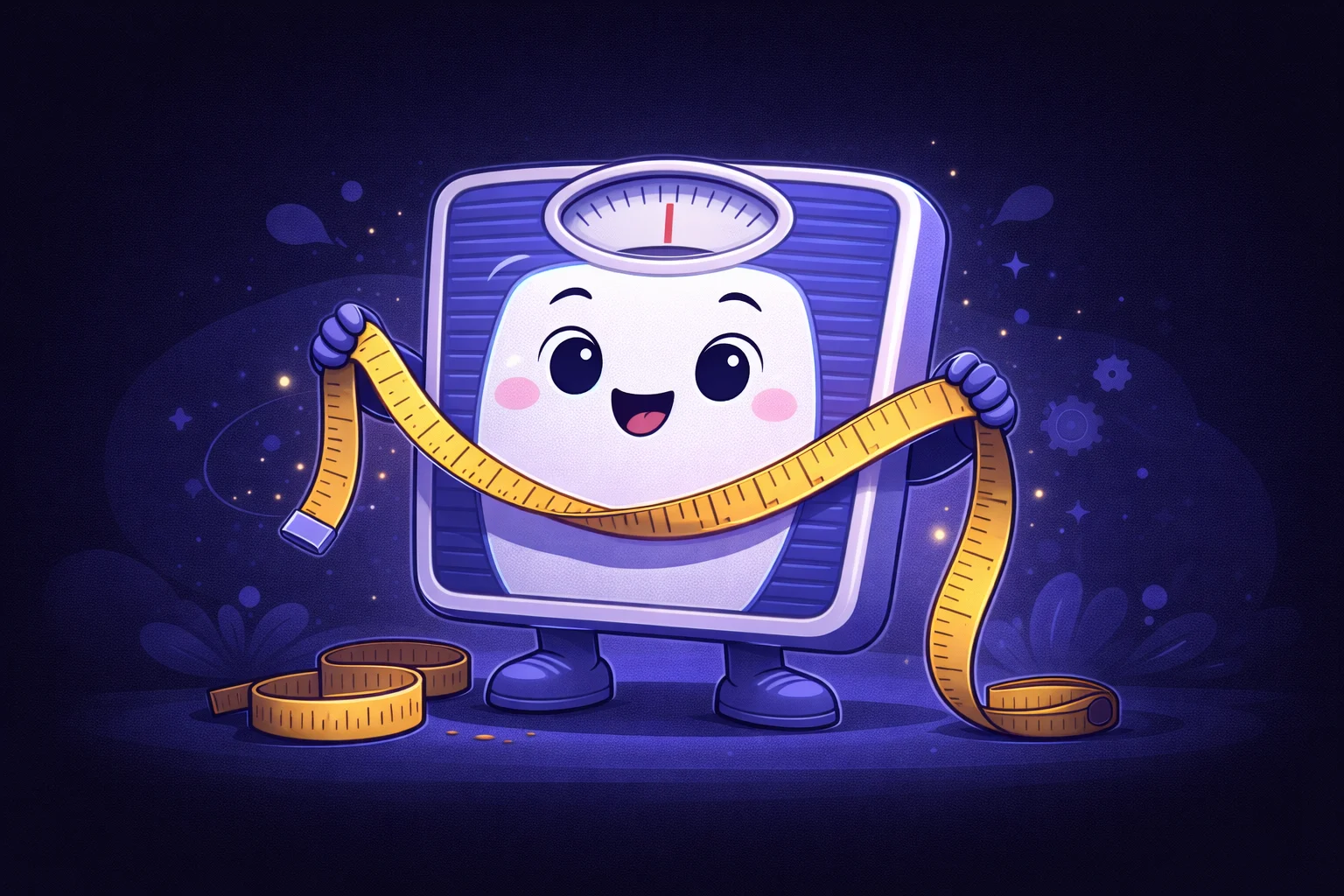 A friendly cartoon bathroom scale with a smiley face, holding a measuring tape. It represents the two key inputs: weight and height.