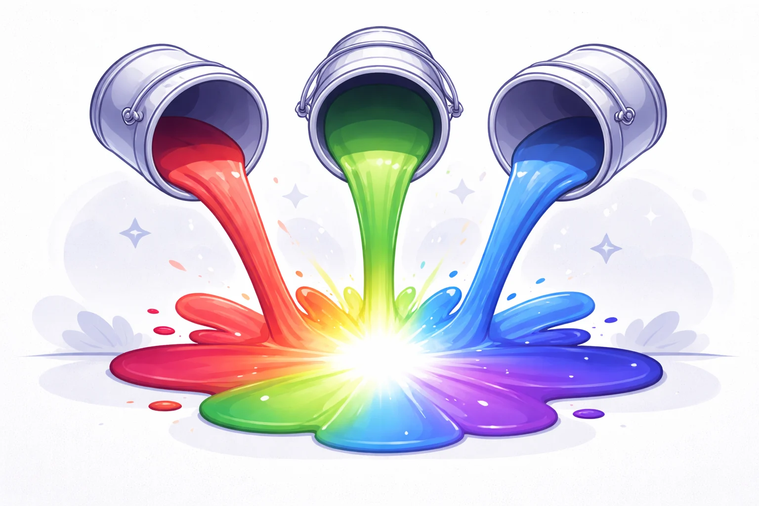 Three buckets of paint (Red, Green, Blue) pouring onto a surface. Where they all mix in the middle, instead of making brown mud (like paint), they make a glowing bright white light. This illustrates additive color mixing.