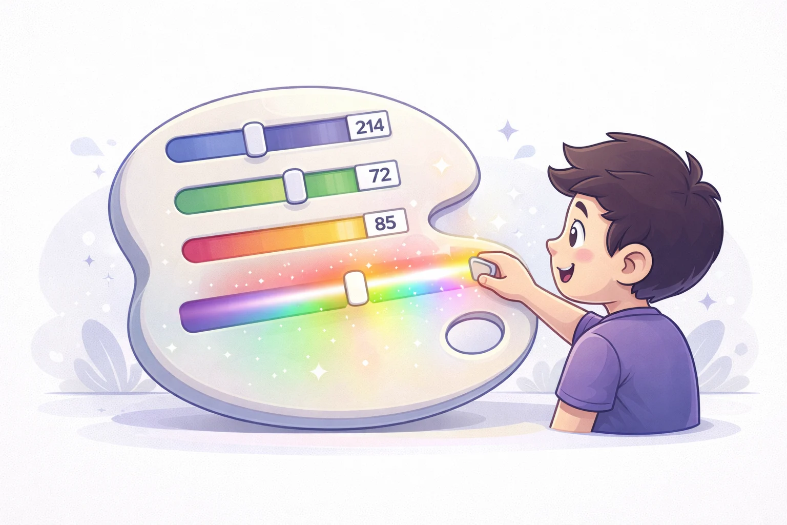 A cartoon artist's palette, but instead of paint blobs, it has sliders and numbers. A character is adjusting a 'Hue' slider and watching the color shift like a rainbow.