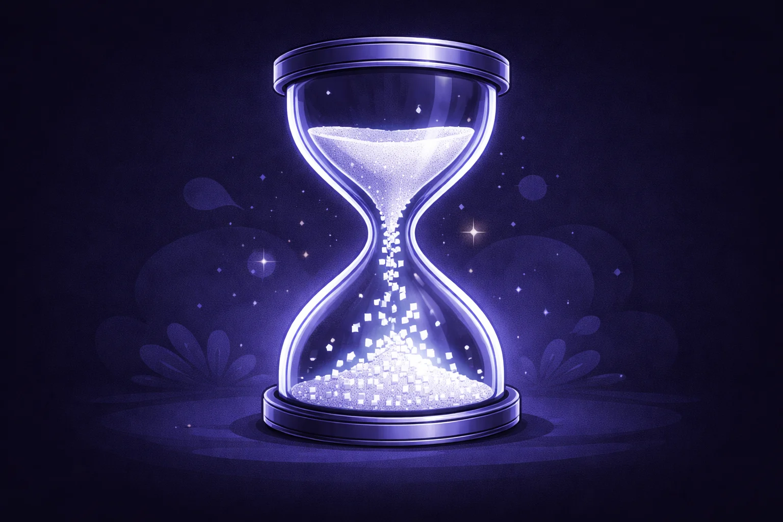 A black and white cartoon of a modern hourglass where the sand is turning into digital pixels as it falls.