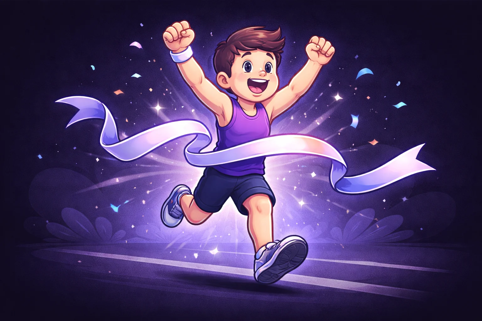 A black and white cartoon of a runner breaking through a finish line tape, symbolizing the completion of a timed task.