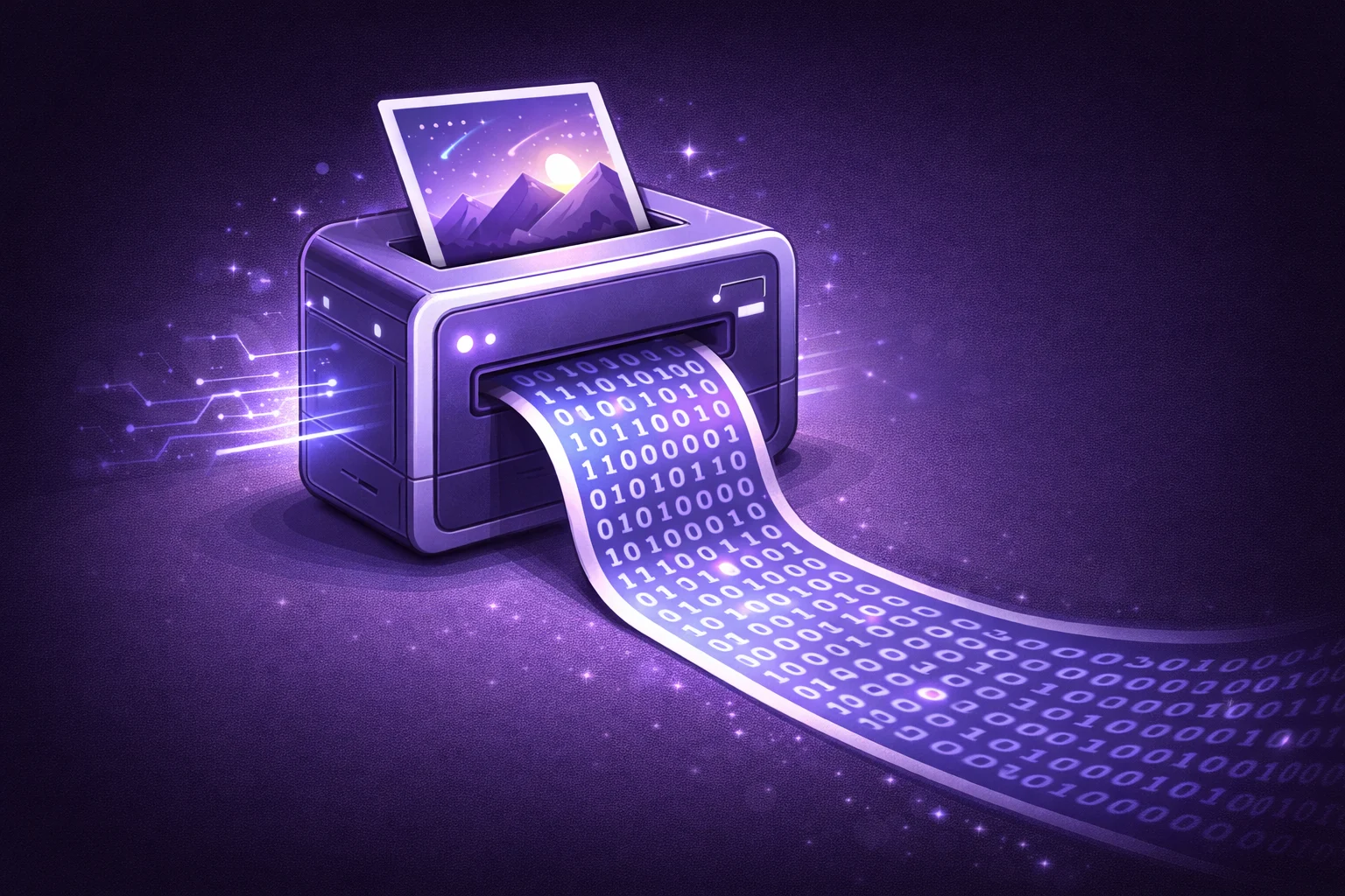 A black and white cartoon of a photograph being fed into a machine and coming out as a long stream of 1s and 0s.