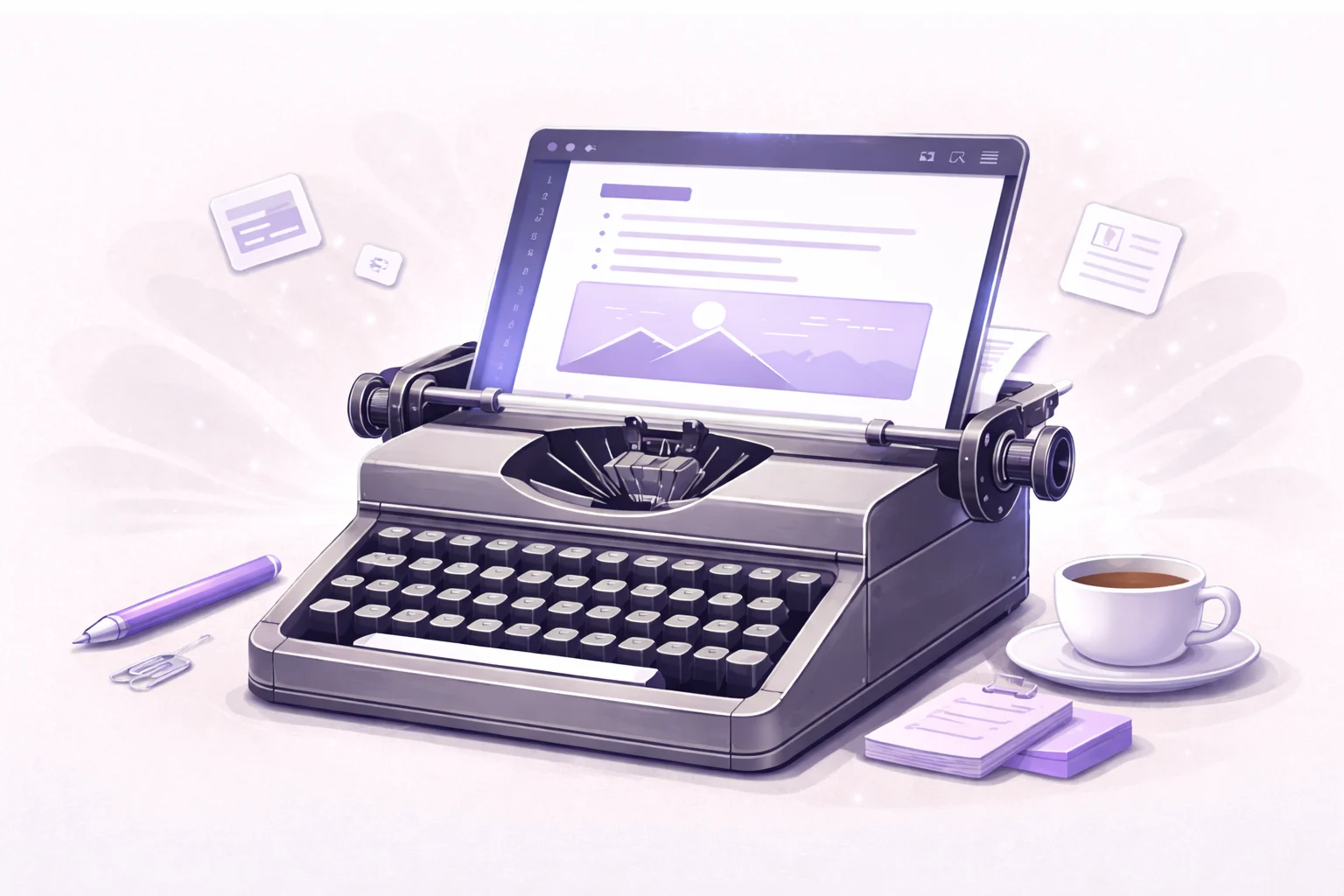 An old-school typewriter with a modern tablet screen coming out of the paper slot. Represents the blend of simple text and rich output.