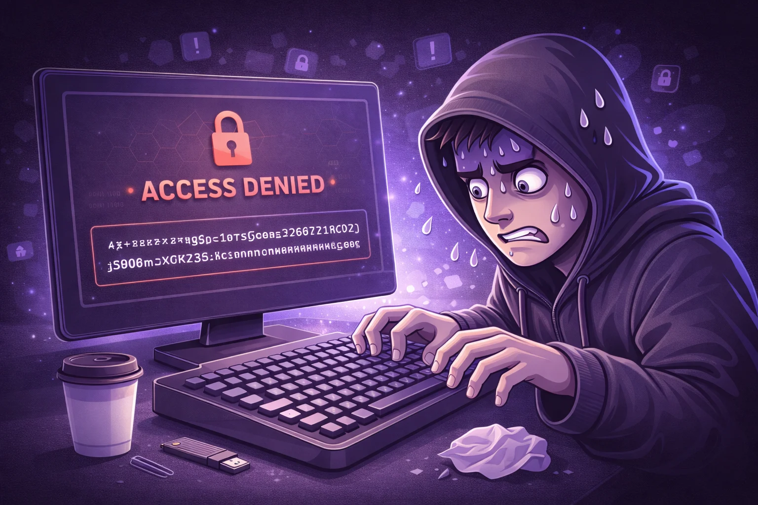 A cartoon hacker in a hoodie, sweating nervously as they try to type a ridiculously long and complex password into a computer. The screen shows 'ACCESS DENIED'.