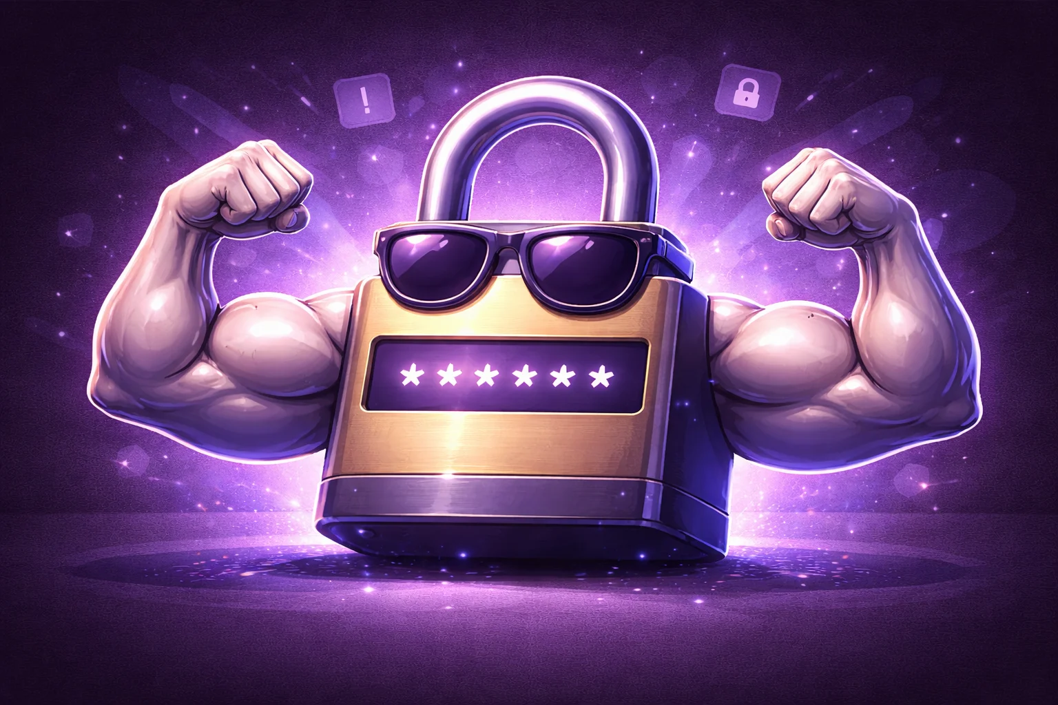 A padlock with muscular arms flexing, representing a strong password. It's wearing sunglasses for extra coolness.
