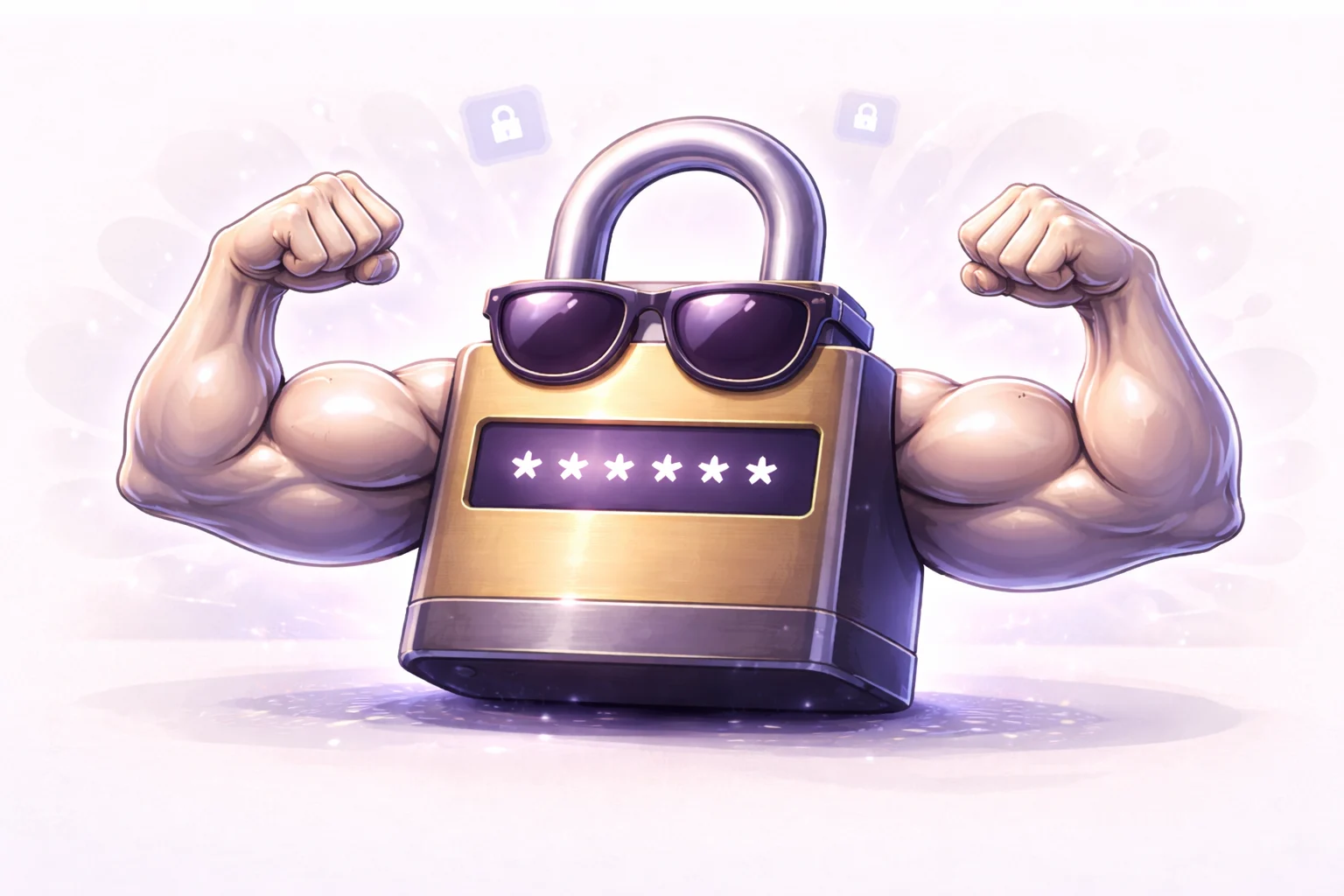 A padlock with muscular arms flexing, representing a strong password. It's wearing sunglasses for extra coolness.