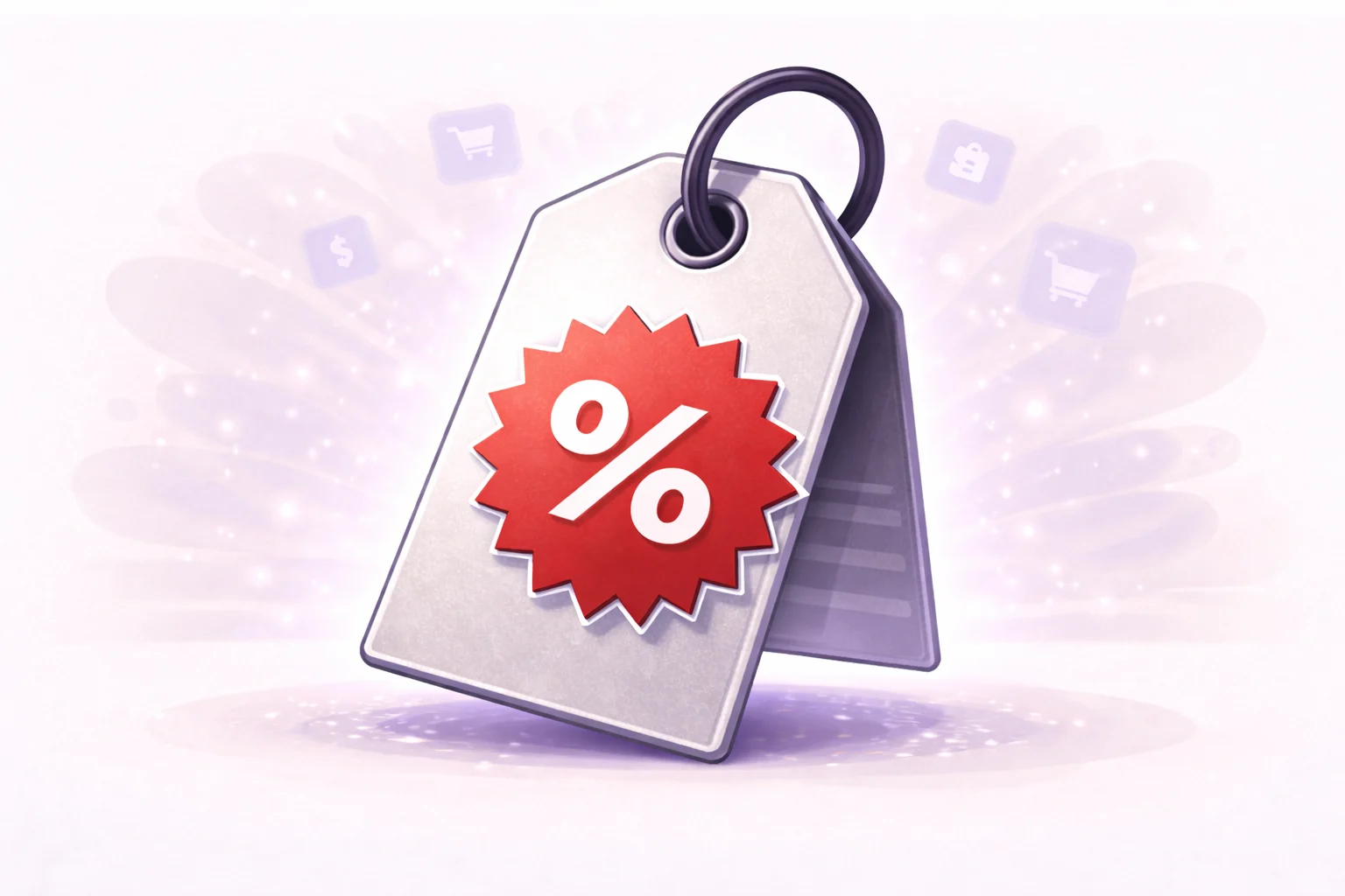 A black and white cartoon of a shopping tag with a big red discount sticker showing a percentage off.