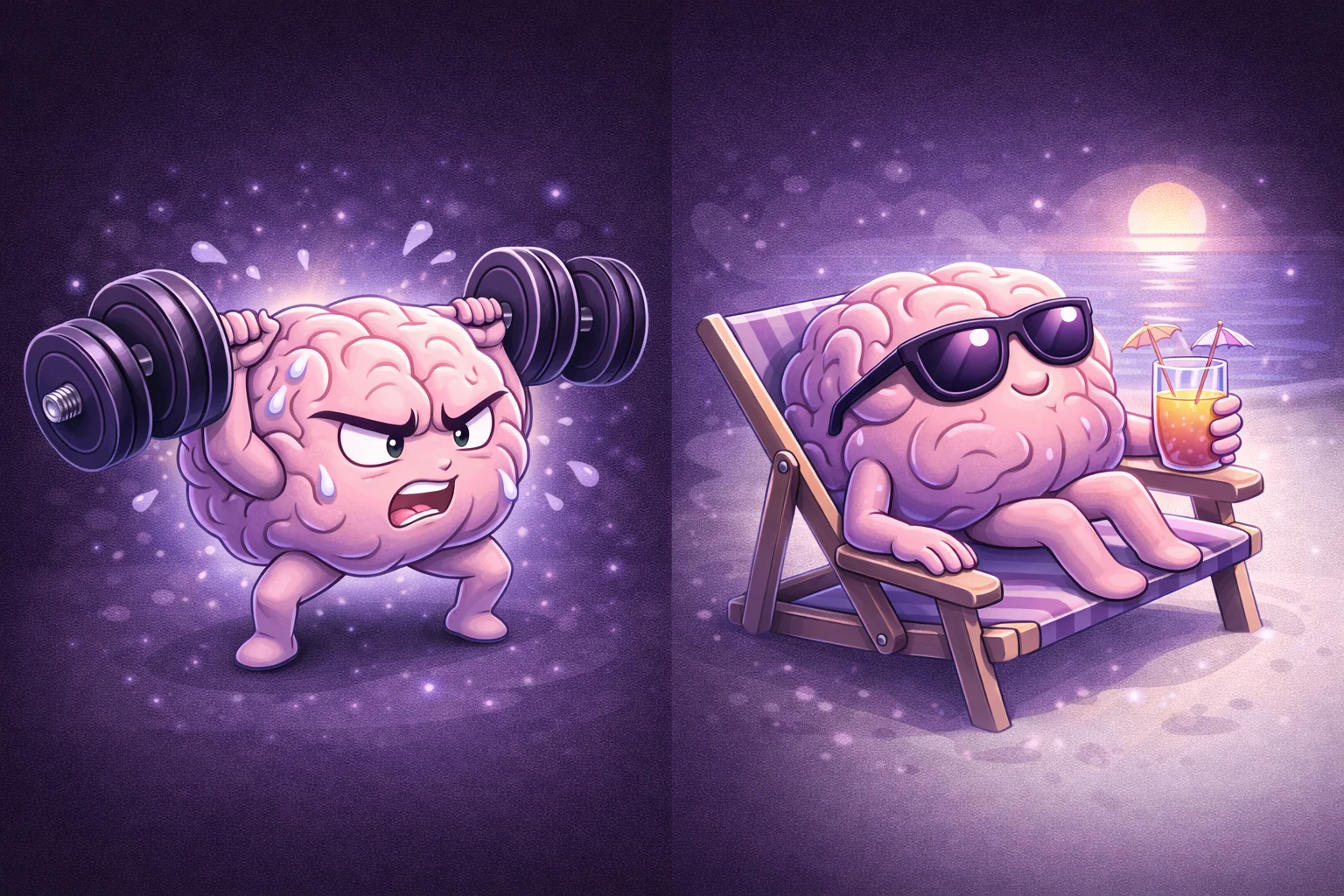 A cartoon brain lifting weights (representing the 'Work' phase) and then relaxing on a beach chair with a drink (representing the 'Break' phase). This illustrates the work/rest cycle.