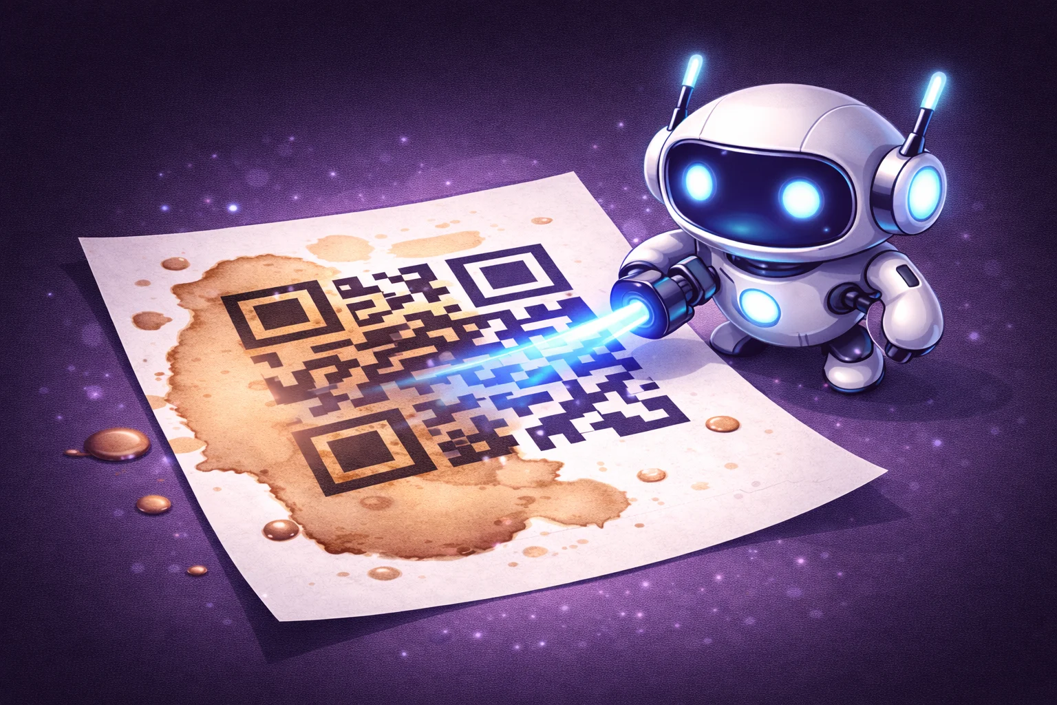 A QR code that is partially covered by a coffee stain, but a robot is still able to read it perfectly. This illustrates the error correction feature.