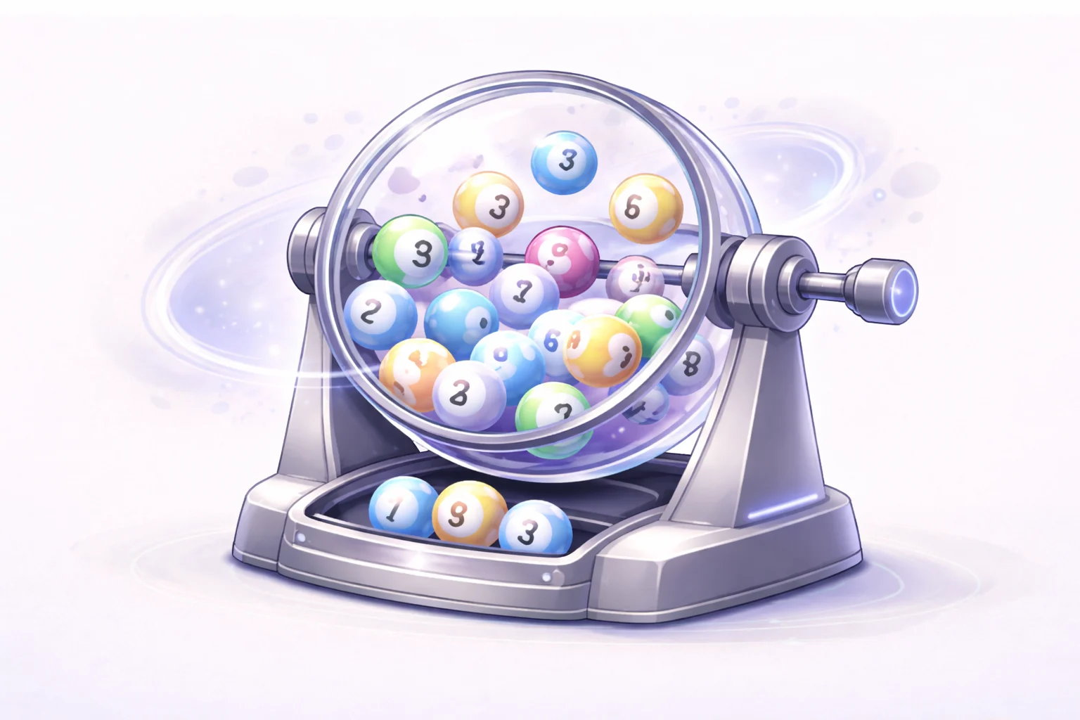 A black and white cartoon of a lottery machine mixing numbered balls, symbolizing fair selection.