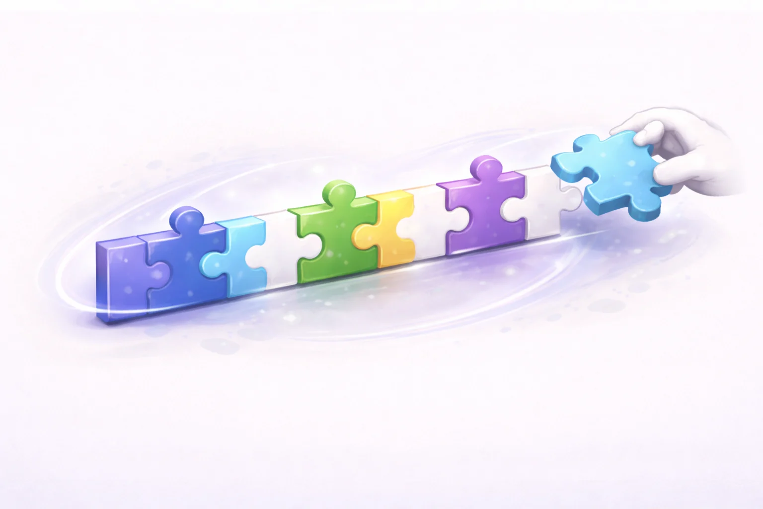 A black and white cartoon of puzzle pieces fitting together to form a text string, symbolizing how regex components build a match.