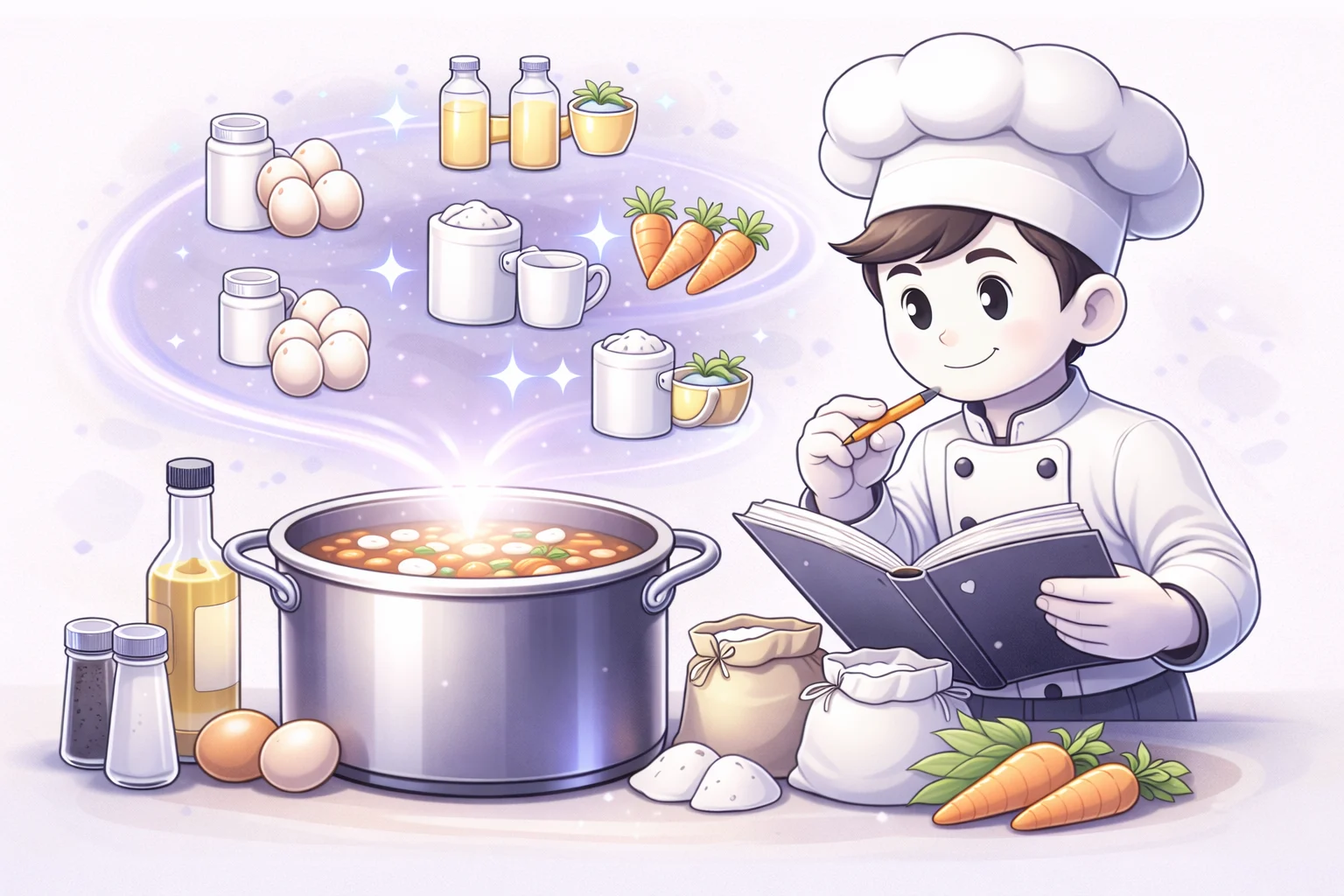 A black and white cartoon of a chef looking at a recipe book and adjusting the ingredients for a larger pot.