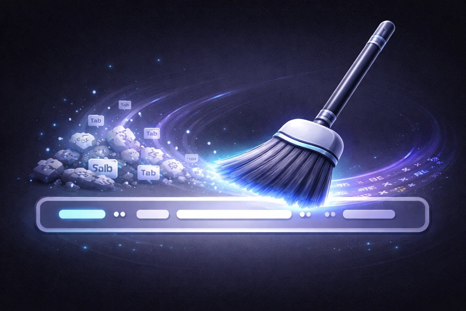 A black and white cartoon of a broom sweeping away piles of unnecessary whitespace characters from a sentence.