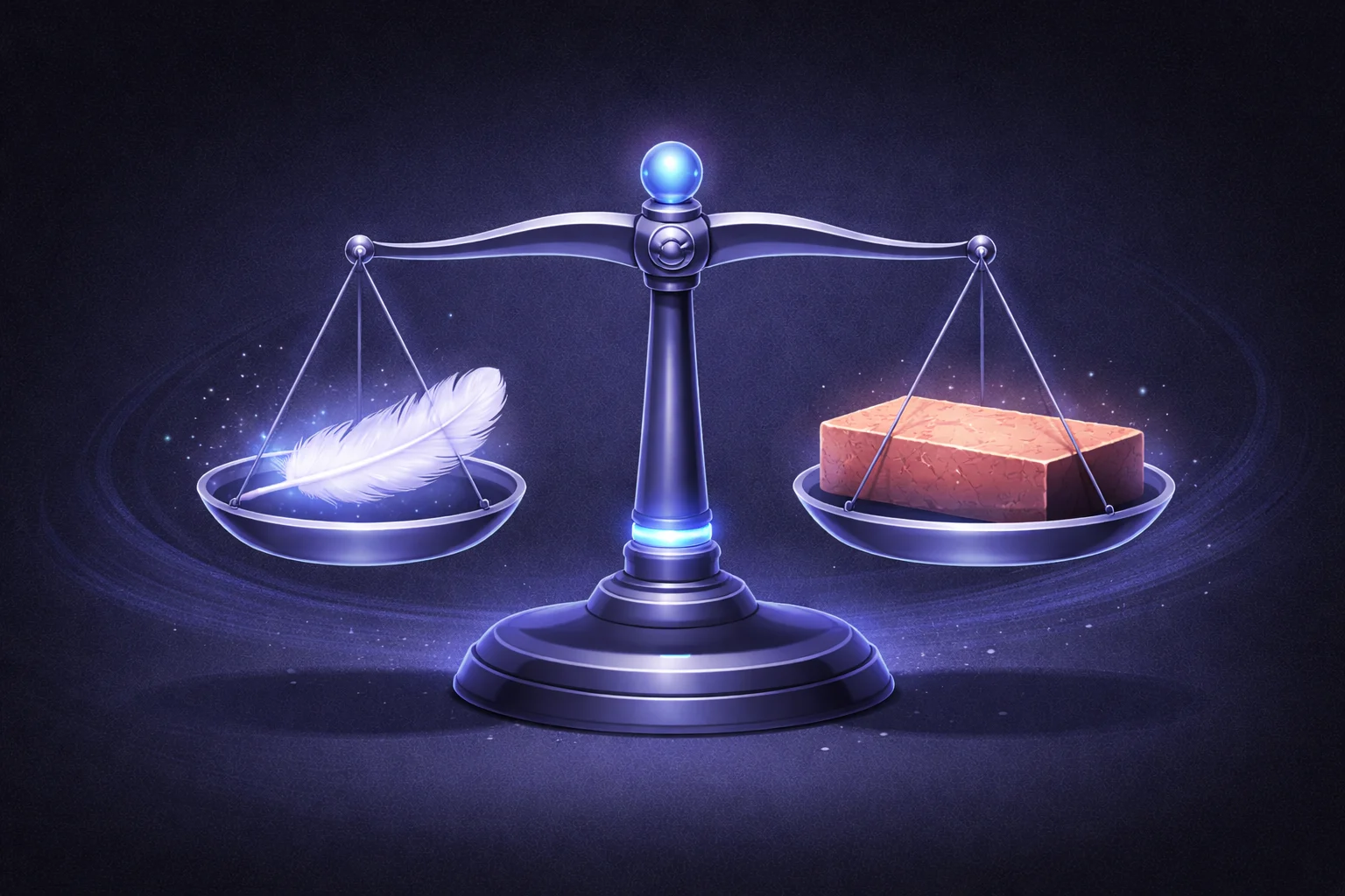 An old-fashioned balance scale with a feather on one side and a brick on the other, illustrating the concept of mass and weight.