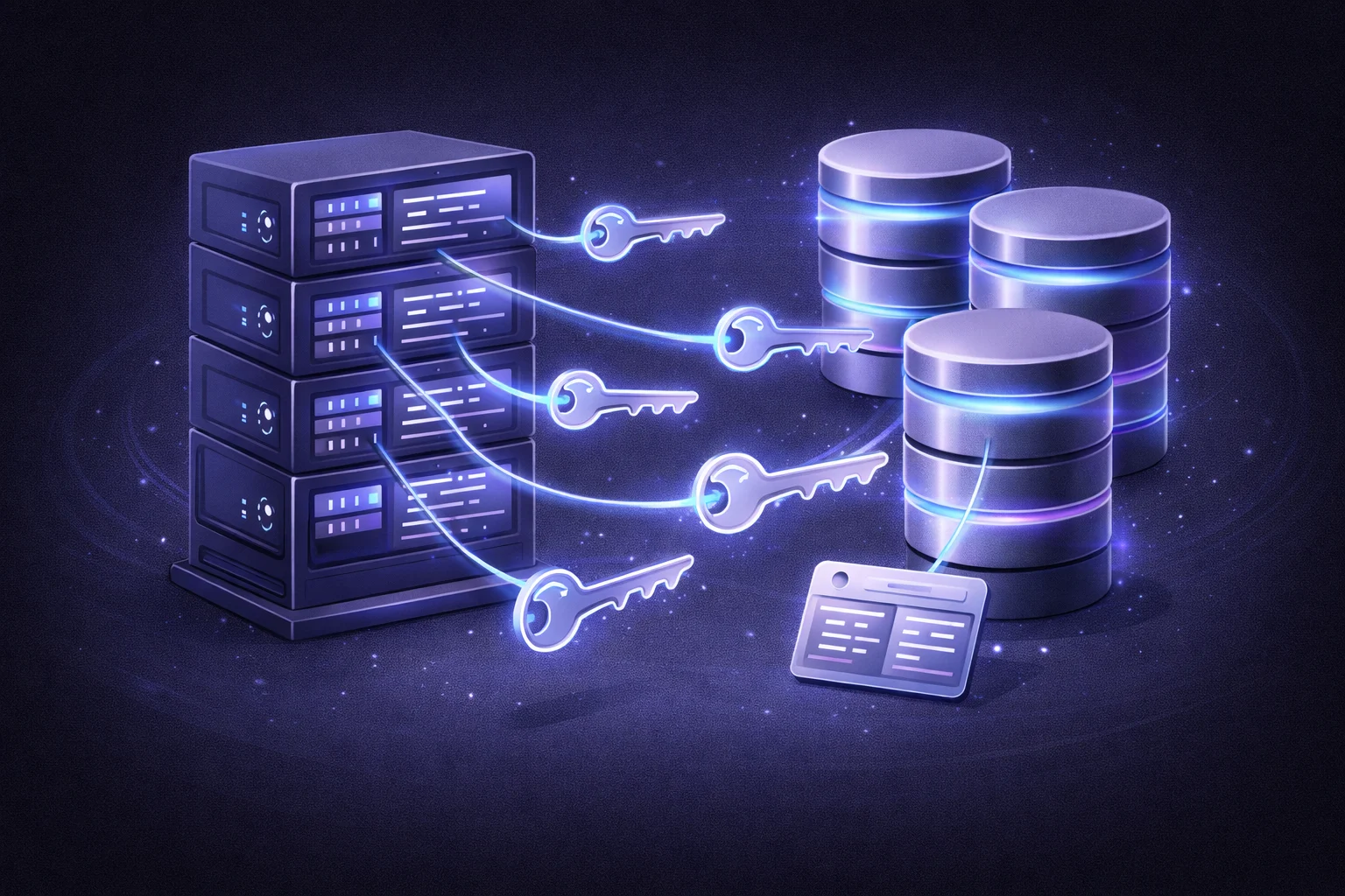 A black and white cartoon of a server rack with database cylinders, showing UUIDs as keys connecting different records.